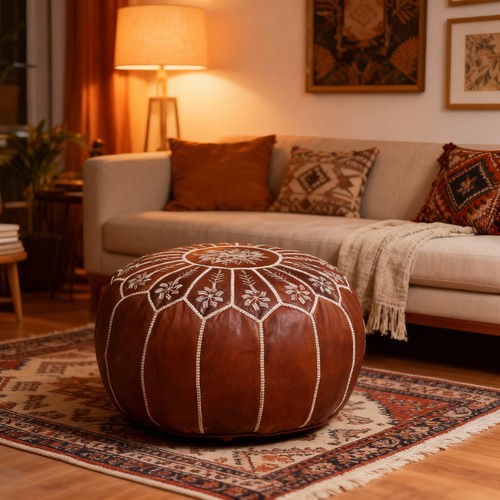 Prefilled brown leather pouf - brown,