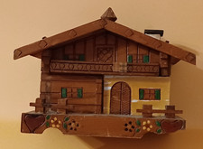 Vintage wooden  Musical Music Box Swiss chalet cottage with key on roof