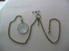 Monocle 6x Magnifier double albert silver plated  pocket watch chain fob t bar 
