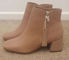 M&S Beige Leather Zip-up Wide Fit Ankle Boots Block Heel Square Toe-4.5 (37.5)