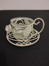 Shabby Chic Metal Tea Cup & Saucer Tea Light Candle Holder