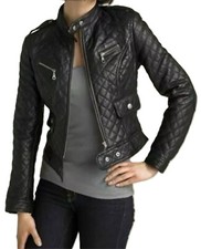 Women's Black Quilted Biker Jacket 100% Real Lambskin Leather Winter Biker Coat
