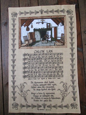 Vintage Tea Towel Cloth WELSH Song Calon Lan Cottage Scene Spinning Wheel LINEN