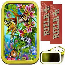 COLOURFUL BUTTERFLY 1oz GOLD TOBACCO TIN, 2 X RIZLA PAPERS & FILTERS