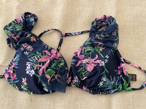 Navy floral frilly bikini top - floral,