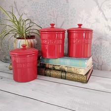 Bright Red Tea Coffee & Sugar Storage Ceramic Jars Country Farmhouse Classic
