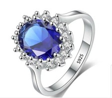 Blue Sapphire Ring Lab Created Silver  Princess Royal Diana Kate Engagement N
