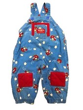 VTG Oshkosh B'Gosh Overalls 12 m Blue Flannel Teddy Bear Airplane Knee Patch USA