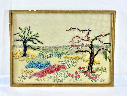Vintage cottage garden crewel - cottage,
