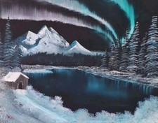 Vintage Painting, Vibrant Northern Lights Landscape, Signed 