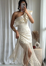 Zara Embroidered Floral Fringed Wrap Skirt Ecru White Size S M L 3183/012 New