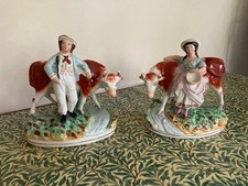 Staffordshire Pottery pair of Cows with Milkmaid and Farm Hand Circa 1850-80