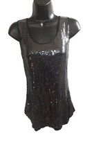 Debbie Shuchat Black & Gun Metal Sequinned Sleeveless Vest Top Size 12