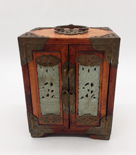 Vintage Chinese Wood, Jade & Brass Jewellery Box / Cabinet with Original Lock