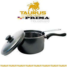 20 CM DEEP FAT FRYER SET 3PC NON-STICK BLACK CHIP PAN STEEL POT+ LID & BASKET UK