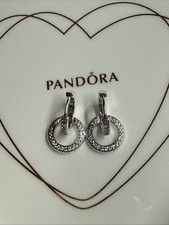 New Genuine Authentic Pandora Silver Sparkling Double Hoop Earrings 299052C01