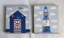 Nautical Beach Hut Lighthouse Canvas Wall Art Set Small Coastal Home Decor
