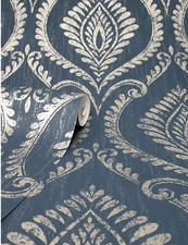 BARGAIN Job Lot Of 5 Rolls Crown Estelle Navy Damask Metallic Wallpaper M1758