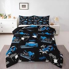 Kids Race Car Comforter Set Blue Black Racing Car Bedding Set Twin Size,Speed...