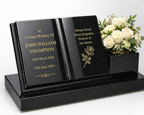 Black granite book memorial - black,