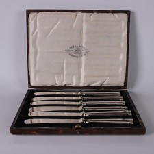 VINTAGE LONDON (6) STERING SILVER 6 5/8" FRUIT KNIVES IN ORIGINAL BOX