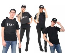ADULT SWAT TEAM T-SHIRT & CAP FANCY DRESS COSTUME POLICE FBI TACTICAL MILITARY