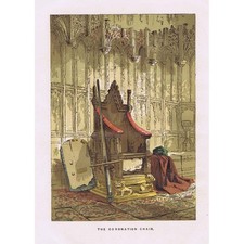 WESTMINSTER ABBEY The Coronation Chair - Coloured Antique Print 1845