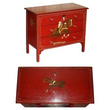 EQUESTRIAN ANTIQUE VICTORIAN PINE HAND PAINTED HORSE & JOCKEY CHEST OF DRAWERS