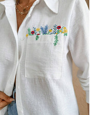 Ladies Linen Cotton Embroidery Long Sleeve Button Shirts Summer Baggy Top Blouse
