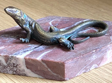 Antique c19th Bronze Lizard reptile small sculpture figure on stone marble base