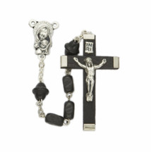 BLACK WOOD BEADS AND MADONNA & BABY CENTER ROSARY CRUCIFIX CROSS NECKLACE