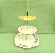 Vintage mismatched bone china 3 tier cake stand -blue & yellow -Paragon & others