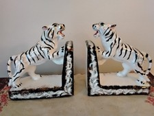 Pair Ceramic Tiger Figurine Book Ends * Japan Mid-Century ￼