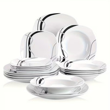 18pcs Dinner Set Service for 6, Porcelain Plates Set, Ink and Line Patterns Dini