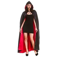 Ladies DELUXE Widows Hooded Cape Long Red Satin Cloak Halloween Fancy Dress Ties