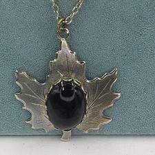 Vintage Necklace Maple Leaf Pendant Black Bead Silver Tone 24" Long