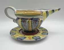 MacKenzie Childs Style Terracotta Art Pottery Gravy Boat & Saucer Artist Signed