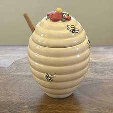 Ceramic hand painted Bee Hive, flower & Bees Honey Pot with honey Spoon