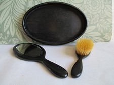 Vintage Art Deco Ebony Oval Dressing Table Tray Bevelled Hand Mirror & Hairbrush
