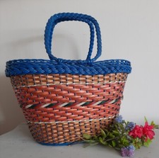 Vintage Woven wicker retro large shopping basket flower handbag storage bag blue