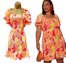 CHI CHI Curve Pink Orange Abstract Floral Shirred Ruffle Mini Dress UK 18 NEW 