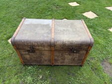 Vintage Steamer Trunk Canvas/Wooden Banded Travel Chest Coffee Table