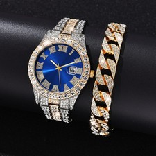Fashion Men's Bling Luxury Diamond Hip Hop Iced Watch & Bracelet Set