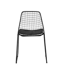 Wire Dining Chair Black/Tan Real Leather Seat Pad Black Metal Frame