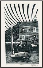  DAYSAILER Sailboat in Harbor Original LINOCUT Signed Limited-Edition Art Print 
