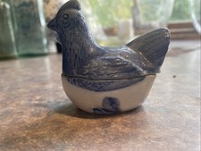 Vintage Miniature Pottery Hen on a Nest Blue Ceramic Chicken Box