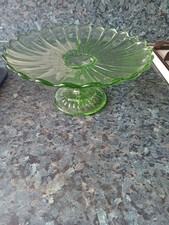 Vintage Art Deco Green Glass Cake Stand. Chrome Base.