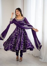 Women’s Embroidered Faux Georgette Anarkali Gown Set With Dupatta & Churidar