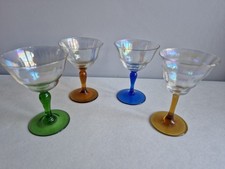 4 Art Deco 1930's Hand Blown Iridescent Glasses Coloured Stems Sherry Vintage