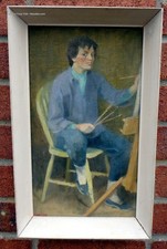 Vintage 1950s oil painting self portrait artist at easel signed dated 1955
